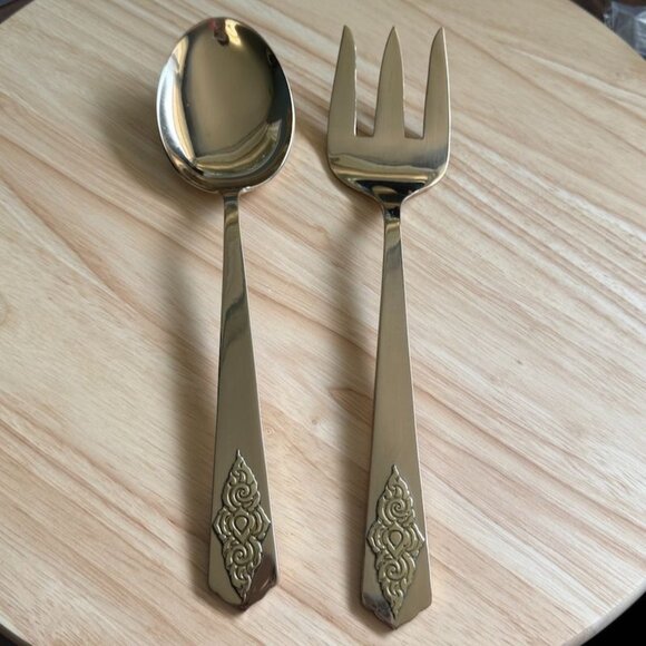 Star Of Siam Gold-Tone Serving Spoon & Fork Set With Ornate Handles - Picture 2 of 10